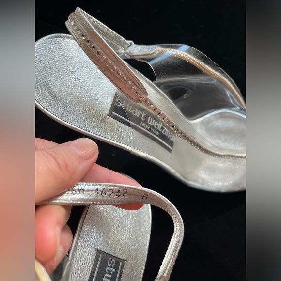 STUART WEITZMAN Clear Peep Toe Sling Back Silver Vintage Heels - Picture 11 of 15